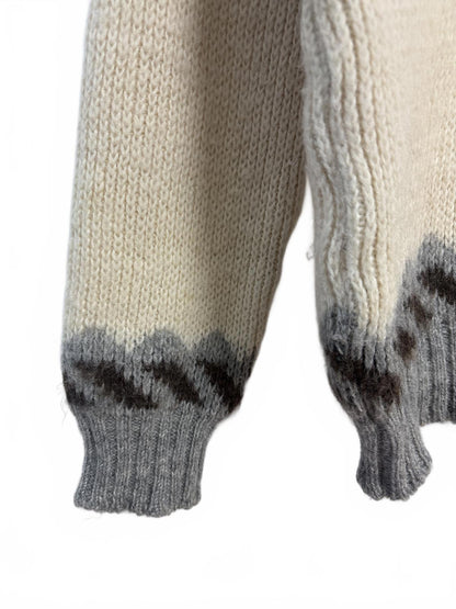 Vintage Brown Bison Women's Grey Cream Patterned Wool Sweater Medium