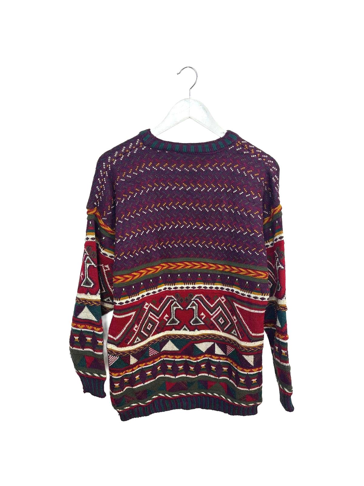 Vintage 90's Choice Men's Unisex Festive Knitted Sweater Burgundy Pattern Medium