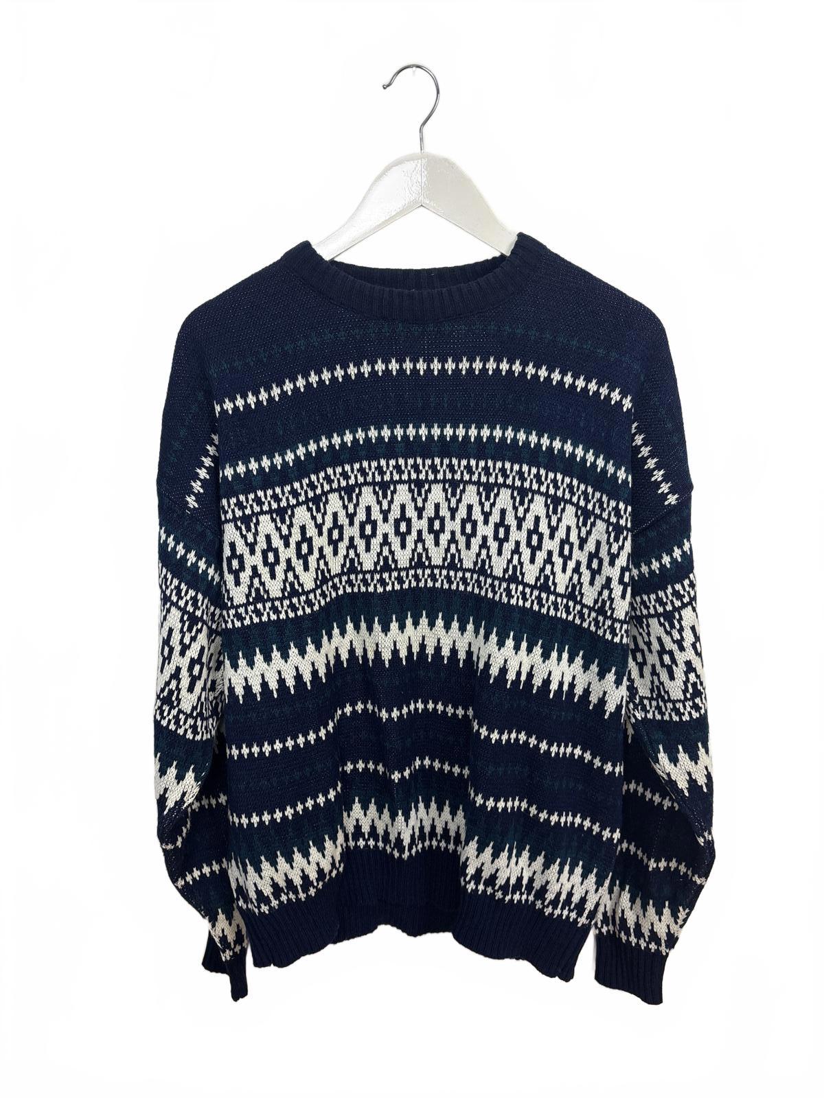 Vintage Oakton Men's Navy White Patterned Knit Sweater XL