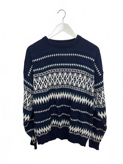 Vintage Oakton Men's Navy White Patterned Knit Sweater XL