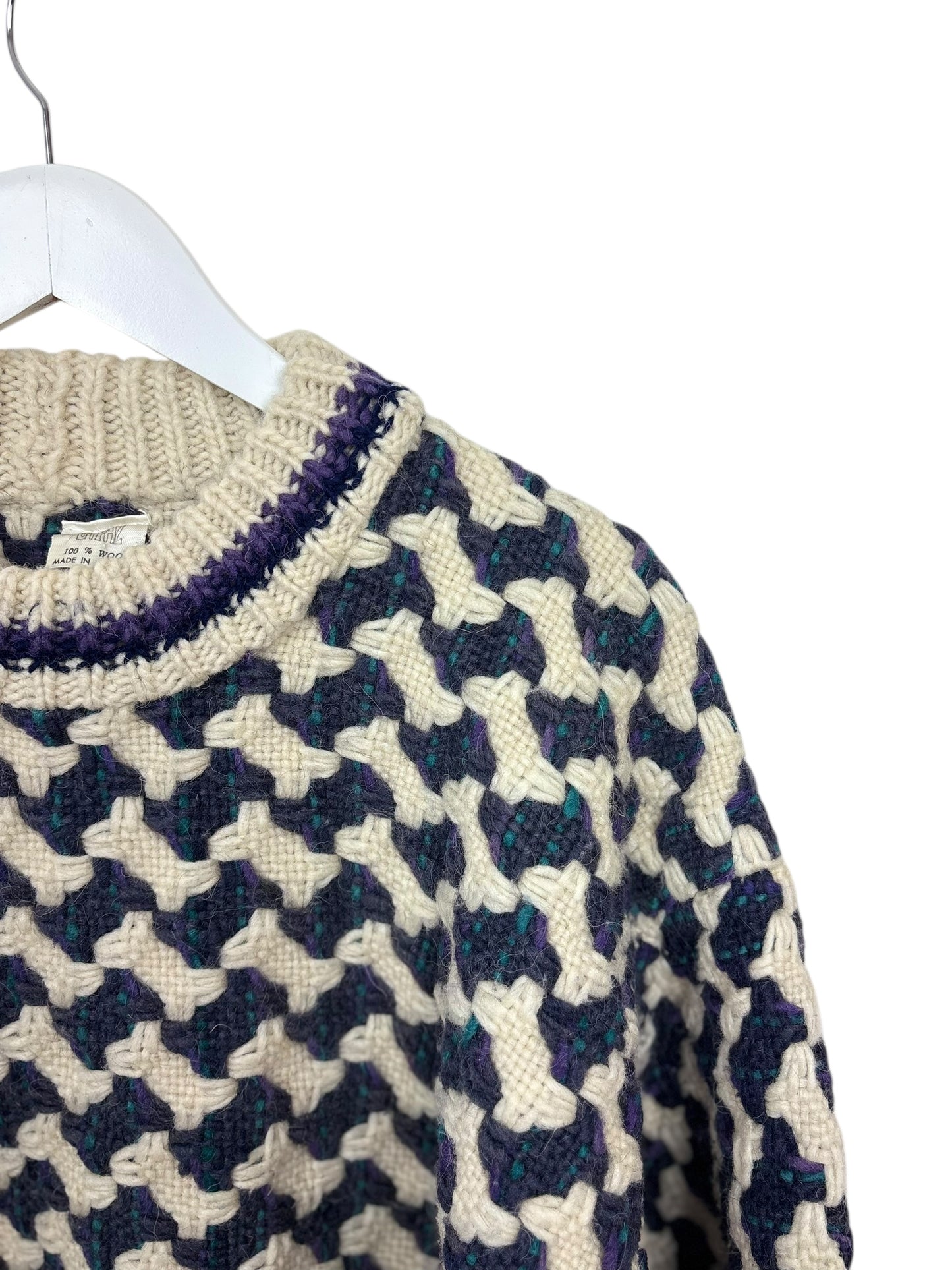 La Paz 90s Mens Purple Geometric Pattern Wool Knit Sweater Cream L