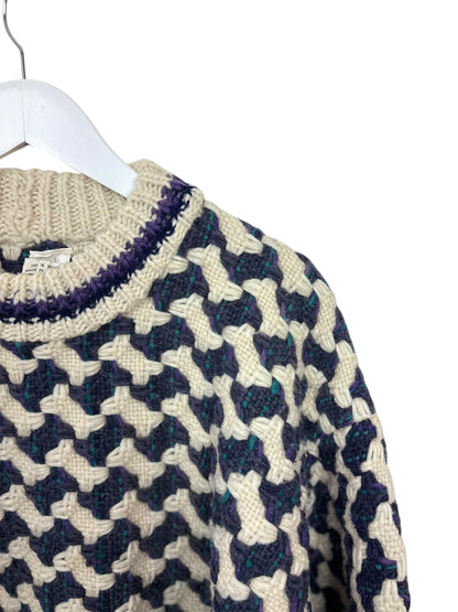 La Paz 90s Mens Purple Geometric Pattern Wool Knit Sweater Cream L
