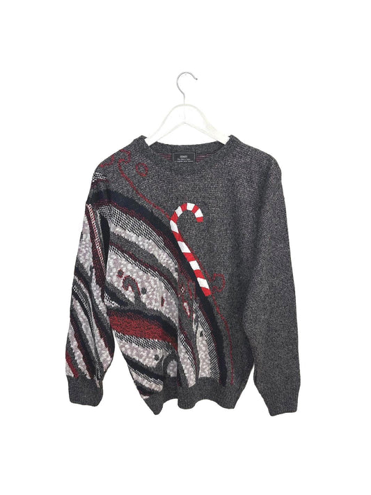 Vintage Sears Women's Unisex Sweater Christmas Candy Cane Grey Red Medium
