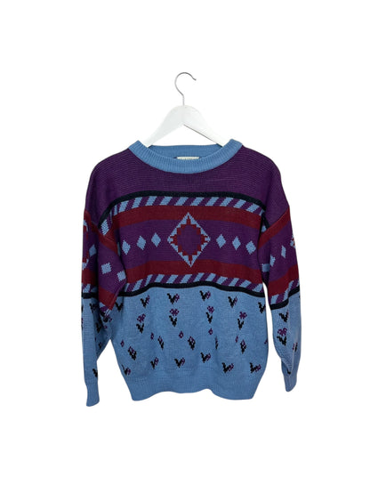 Château Unisex 80s Purple Geometric Knit Crewneck Acrylic Sweater Medium