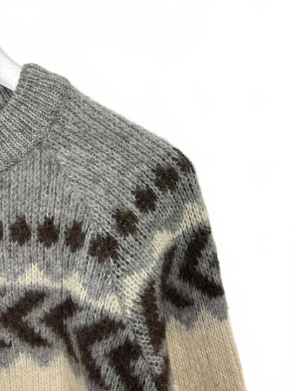 Vintage Brown Bison Women's Grey Cream Patterned Wool Sweater Medium