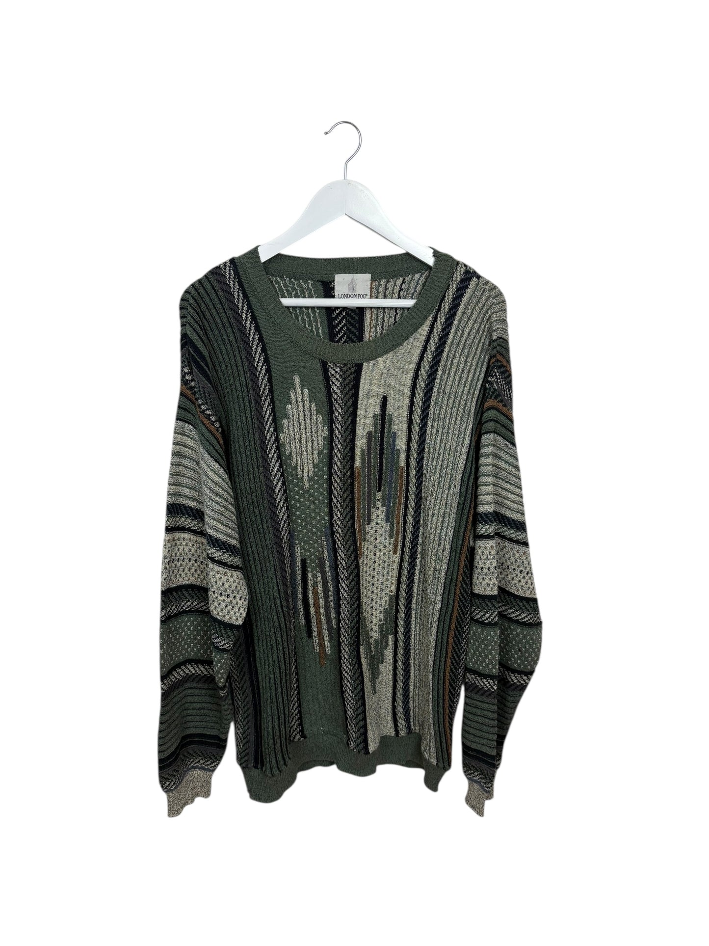 London Fog Womens Green Geometric Knit Crewneck 90s Sweater Size XL