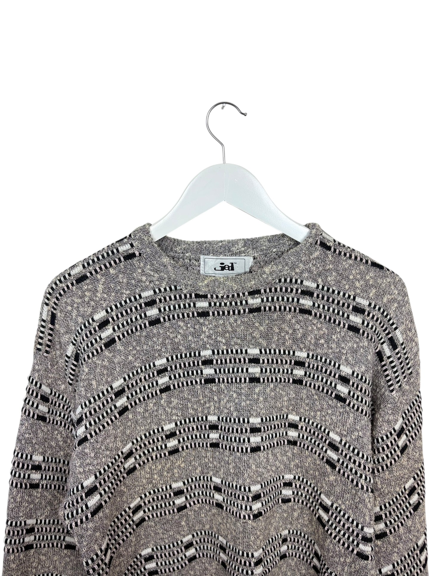 Jed 90s Unisex Geometric Pattern Knit Crewneck Sweater Grey Black Size M