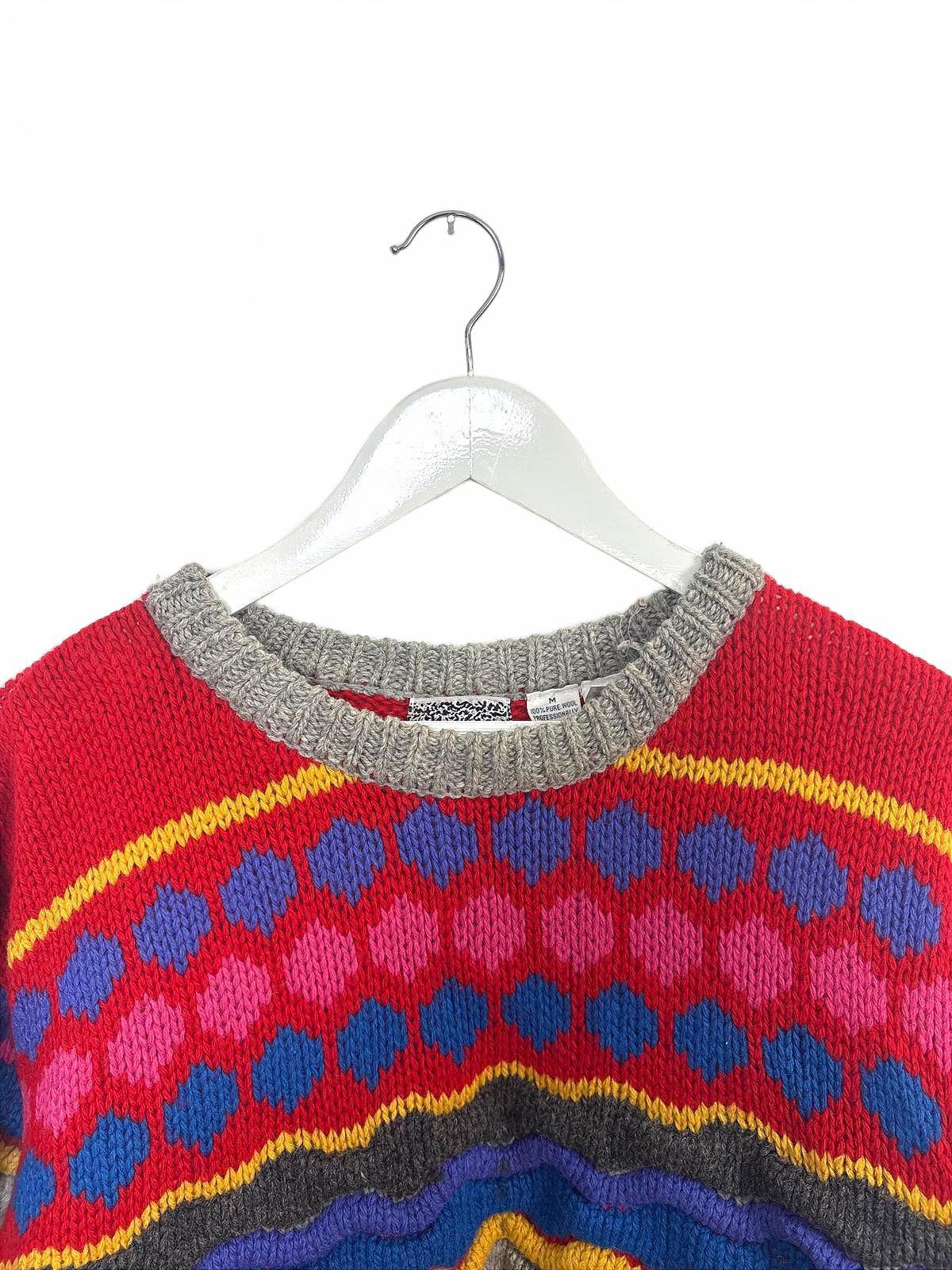 Vintage 90's Crescendo Women's Textured Multicolour Pattern Knit Sweater Medium