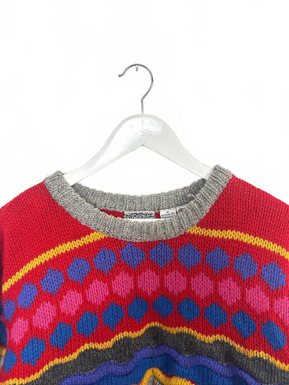 Vintage 90's Crescendo Women's Textured Multicolour Pattern Knit Sweater Medium