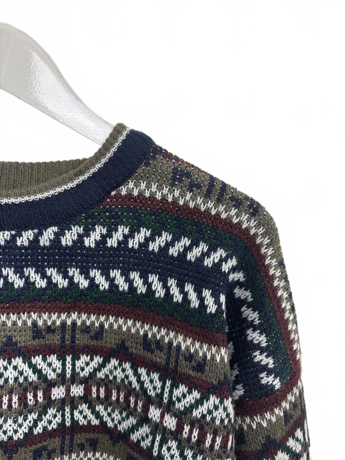 Vintage 90s Honors Geometric Patterned Navy Khaki Crew Neck Sweater M-L