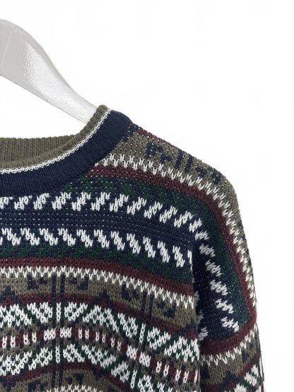 Vintage 90s Honors Geometric Patterned Navy Khaki Crew Neck Sweater M-L