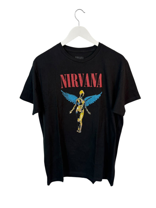 Nirvana black t shirt with band logo and angel on the front 