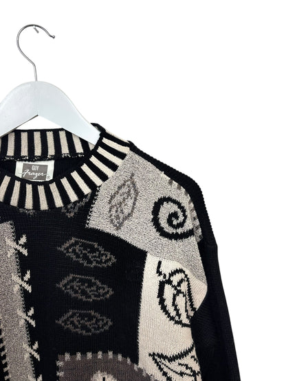 Guy Frazer Womens 90s Abstract Patchwork Knit Crewneck Sweater Size M