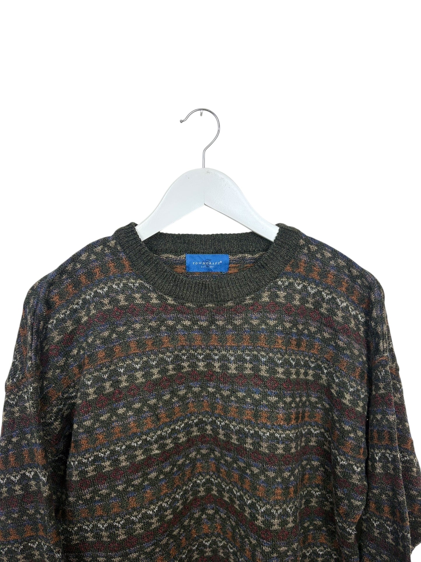 Towncraft 90s Unisex Grey Fair Isle Crewneck Knit Sweater Size M/L
