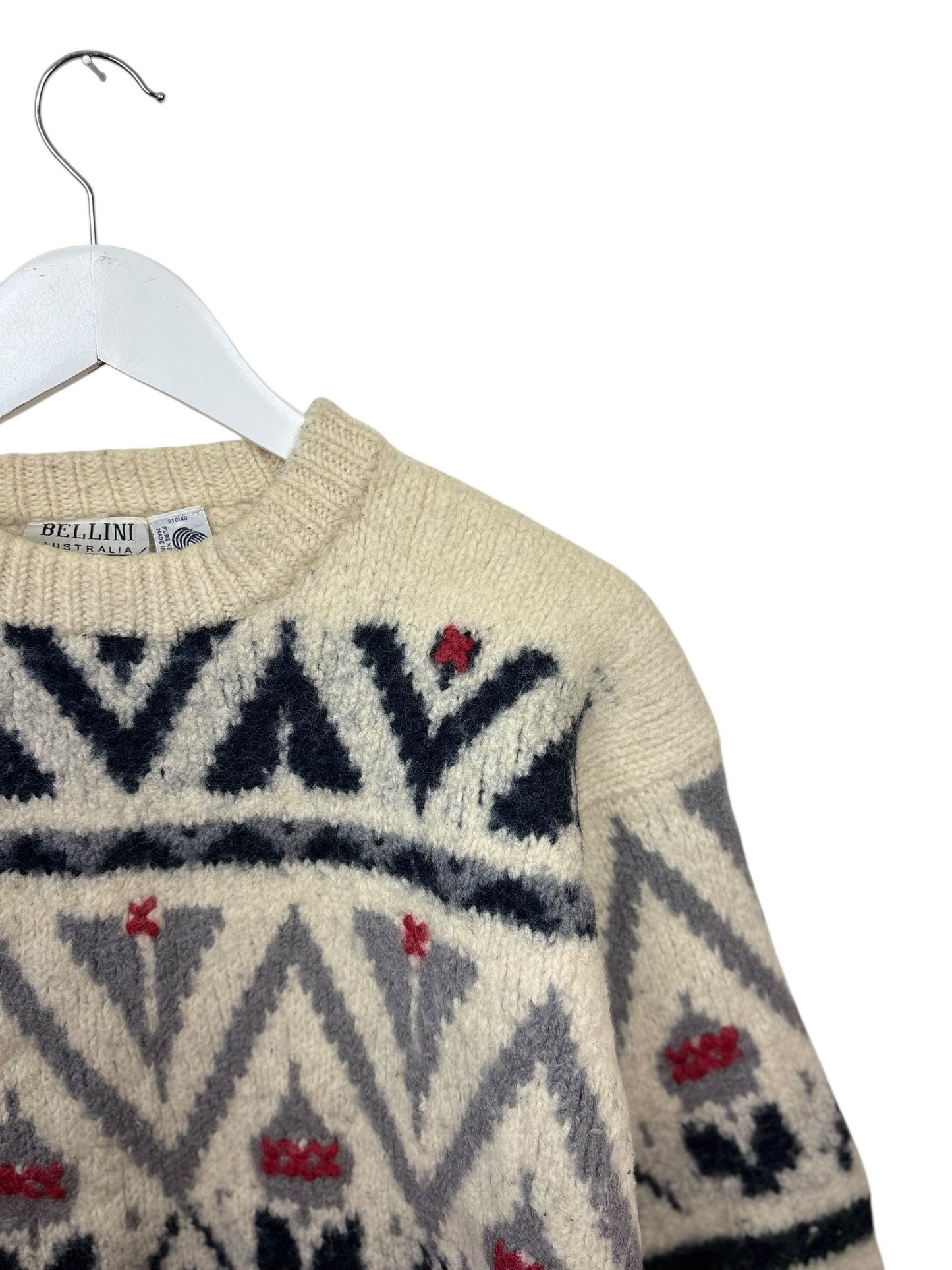 Vintage Bellini Australia Womens Cream Geometric Pattern Wool Crewneck Sweater M