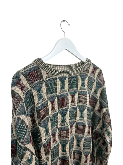 Vintage 90s TSR Beige Argyle Geometric Knit Crewneck Sweater XL