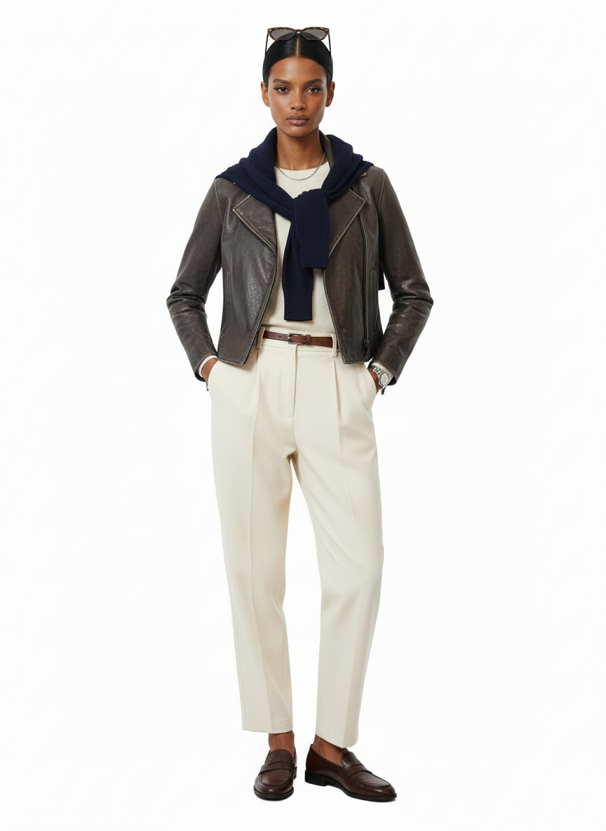 Women wearing brown leather jacket white rousers with sun glasses on a white background