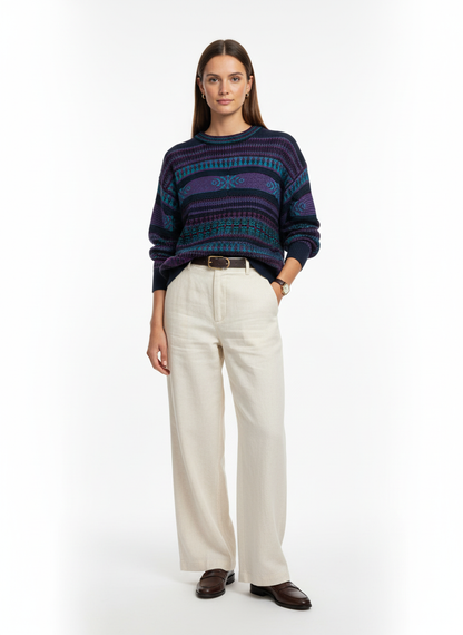 Vintage 90s Obermeyer Sweater Purple Navy Aztec Geometric Knit Crewneck Size L