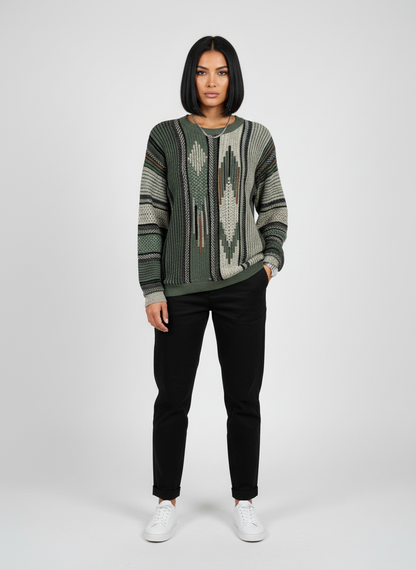 London Fog Womens Green Geometric Knit Crewneck 90s Sweater Size XL