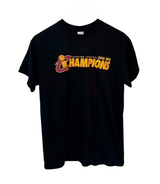 Black Cleveland Cavaliers t-shirt from the 2016 season, featuring the classic team logo in bold yellow and red. 