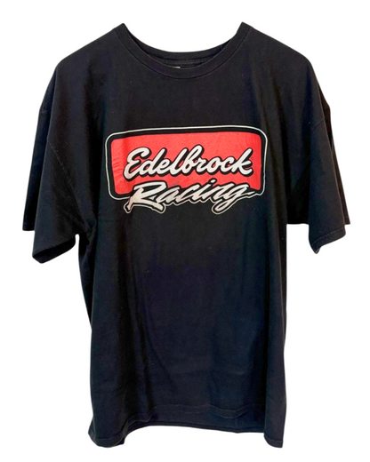 Black t-shirt from Edelbrock Racing, featuring a prominent, vintage logo across the chest. Crafted from 100% cotton.