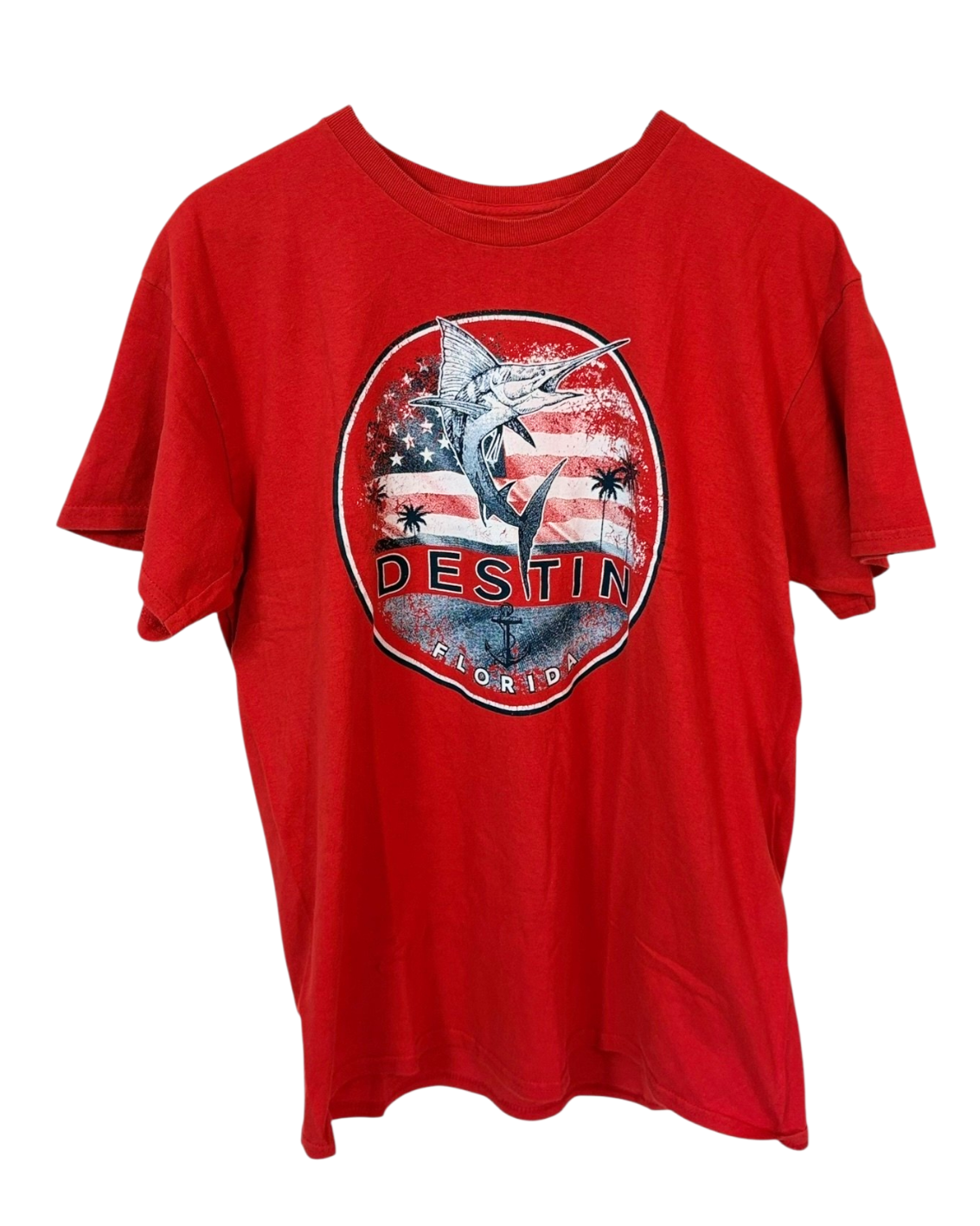 Vintage red t-shirt from Destin, Florida, emblazoned with a sun-drenched coastal graphic. Soft cotton.