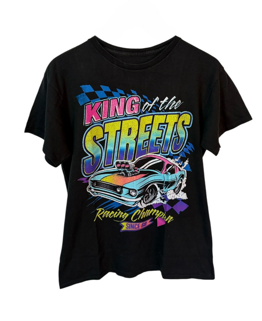 DESCRIPTION

Black graphic tee from the renowned streetwear label KING of the STREETS, showcasing bold typographic print.