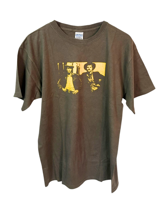 Brown graphic tee featuring two outlaws Butch Cassidy and the Sundance kid movie.