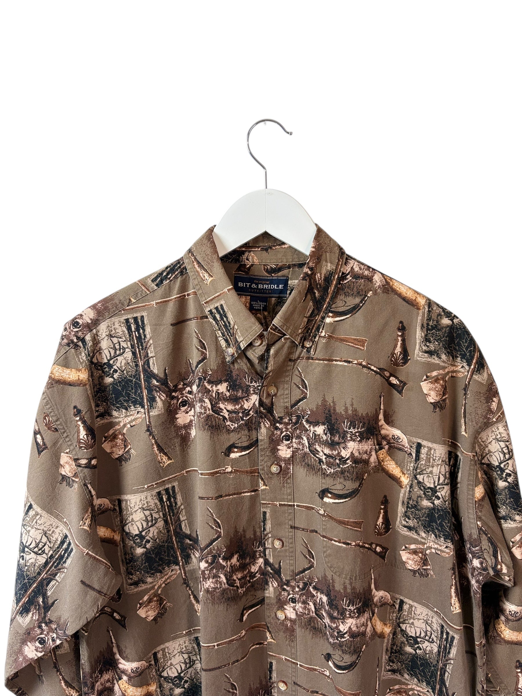 DESCRIPTION

All-over moose and pine landscape button-up in earthy brown and soft sand tones. 