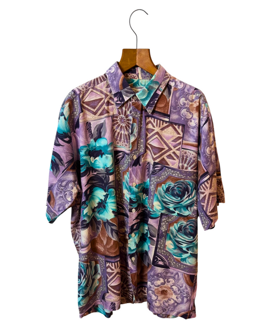 Vintage  Miller  Shirt-  Front Pocket - Rose Pattern - Brown - Teal -Purple - Shirt - XL