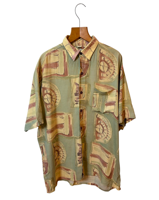 Vintage 90s shirt - Abstract- Sage Green - Beige - Clock - Classic Collar - L