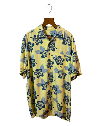 Vintage Yellow Shirt - Aloha - Floral - Blue - Open Collar - Wood Buttons - XL