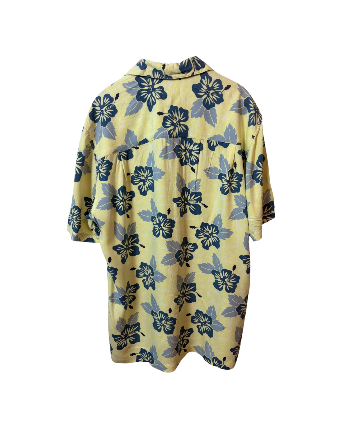 Vintage Yellow Shirt - Aloha - Floral - Blue - Open Collar - Wood Buttons - XL