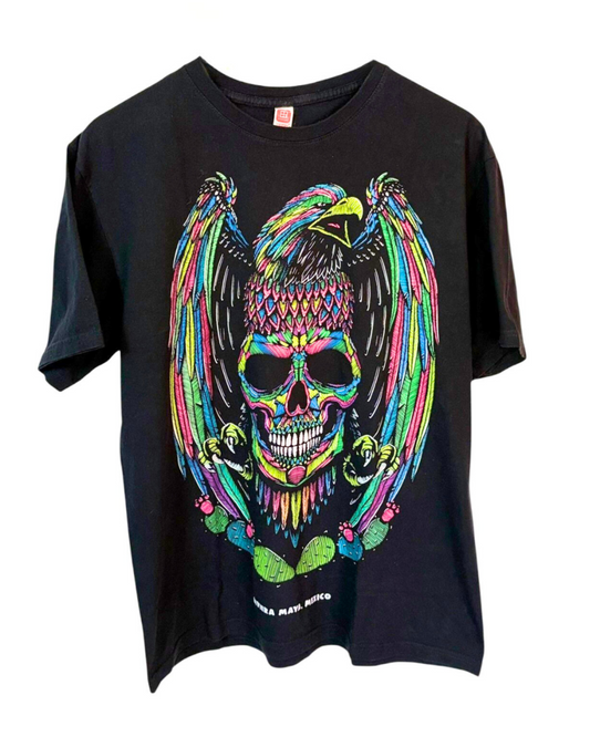 Black graphic t-shirt featuring a vibrant multicolor print inspired by cinco de maya of Riviera Maya, Mexico.

Brand: Ri