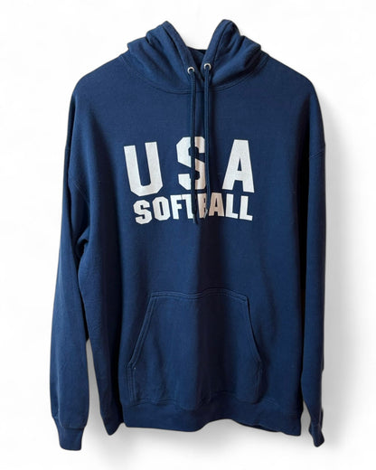 DESCRIPTION

USA Softball hoodie, navy cotton, deep kangaroo pocket, and a drawstring hood made for windy days. 

Brand: