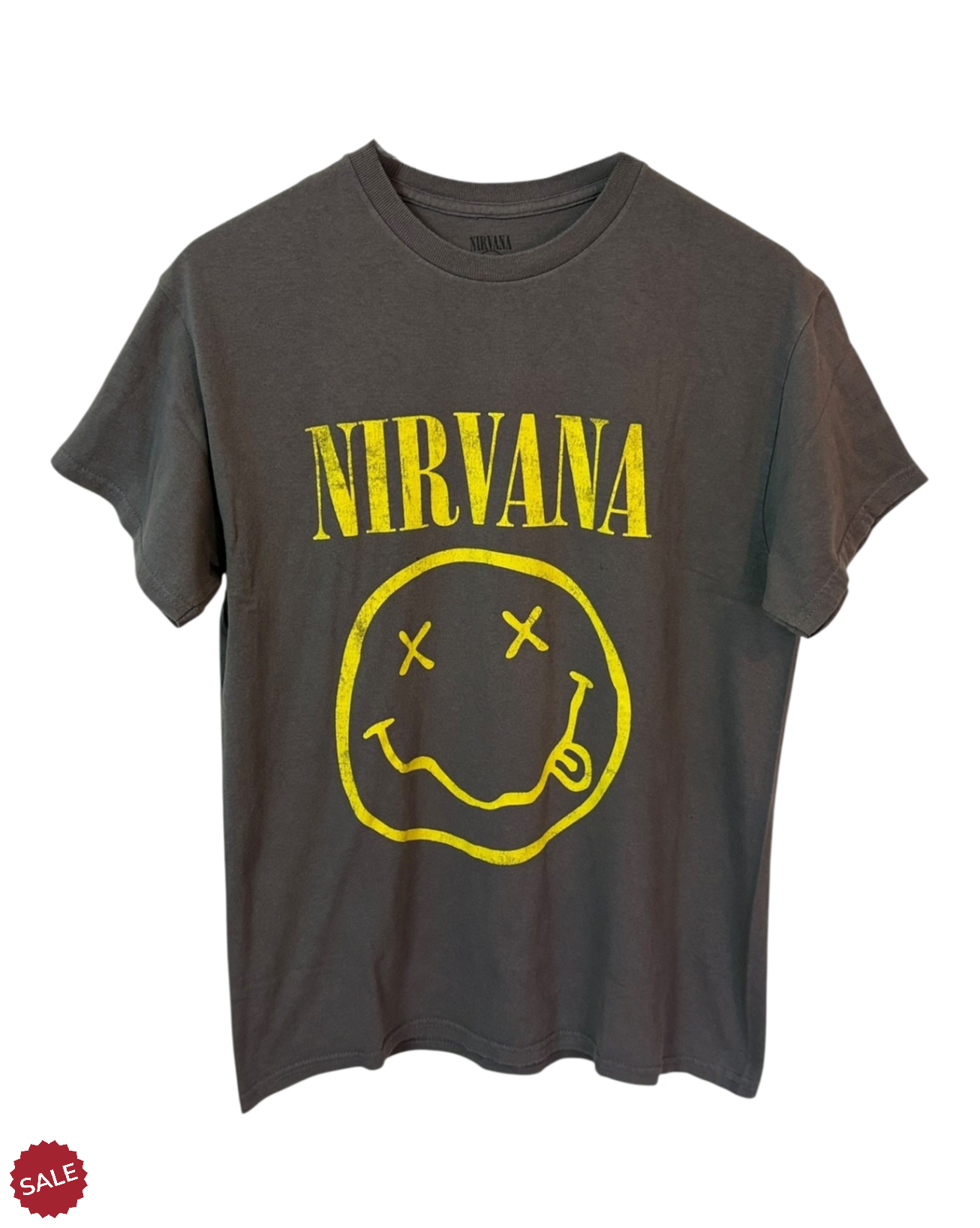 Gray Nirvana t-shirt featuring the iconic smiley face logo, a quintessential piece of 90s grunge.