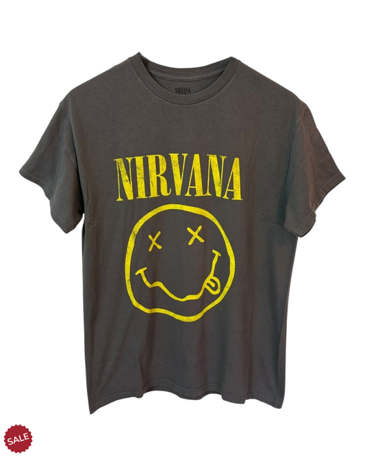 Gray Nirvana t-shirt featuring the iconic smiley face logo, a quintessential piece of 90s grunge.