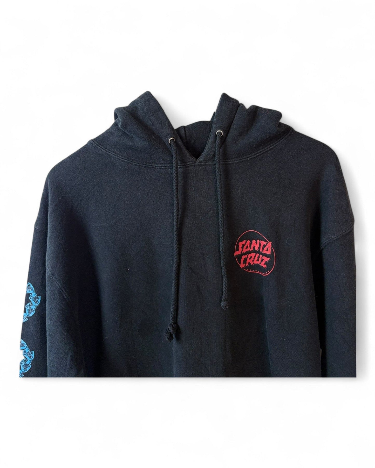 Santa-Cruz-Black-Hoodie-Red-Logo-Blue-Sleeve-Pattern-Unisex-Large