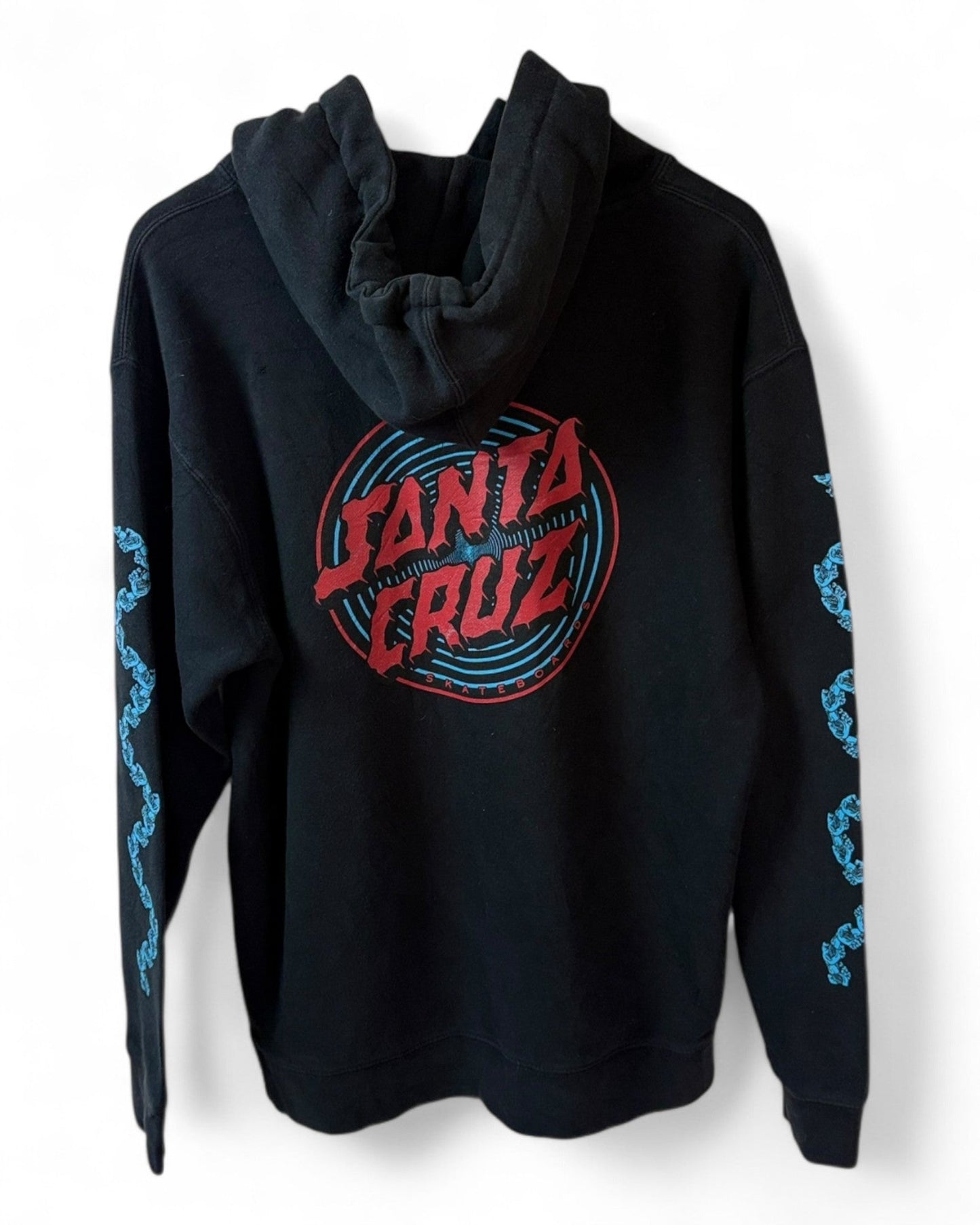 Santa-Cruz-Black-Hoodie-Red-Logo-Blue-Sleeve-Pattern-Unisex-Large