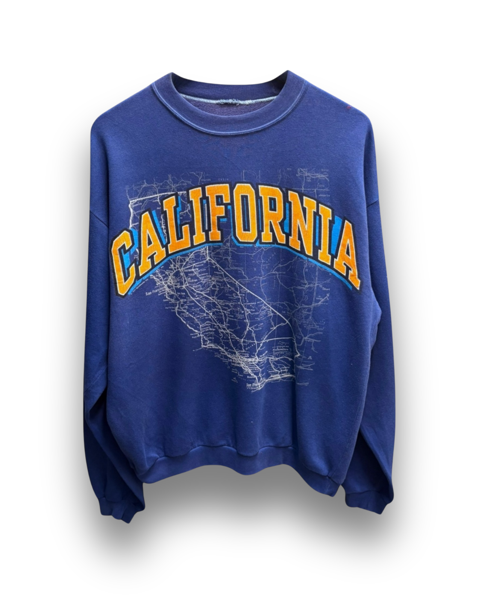 DESCRIPTION

 This is a lightweight blue sweatshirt stamped with California in golden varsity lettering and a white road