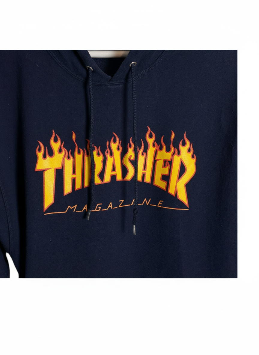 Thrasher Unisex Navy Flame Logo Graphic Pullover Streetwear Hoodie Size M