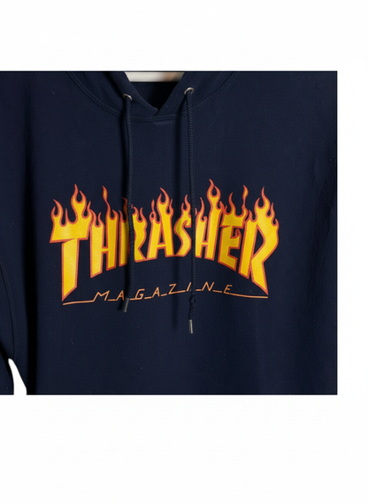 Thrasher Unisex Navy Flame Logo Graphic Pullover Streetwear Hoodie Size M