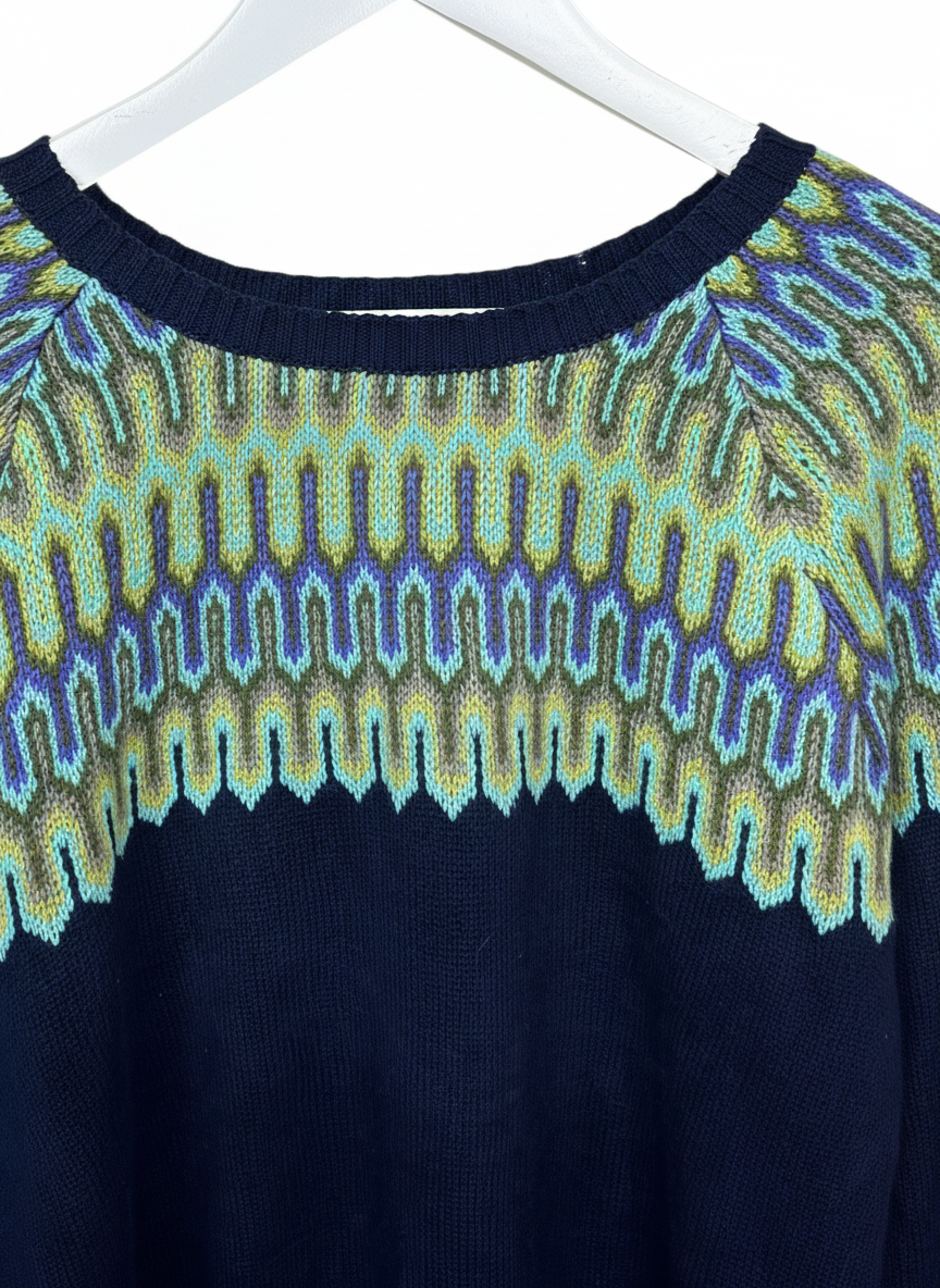 Vintage Navy Womens Geometric Zig Zag Fair Isle Crewneck Knit Sweater M