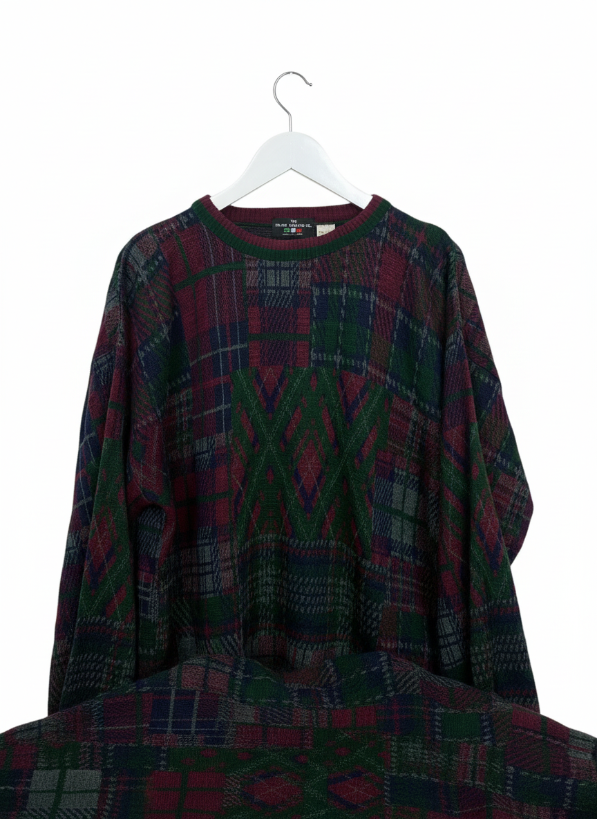 The Italian Sweater Co Mens Green Fair Isle Plaid Crewneck Wool Sweater L