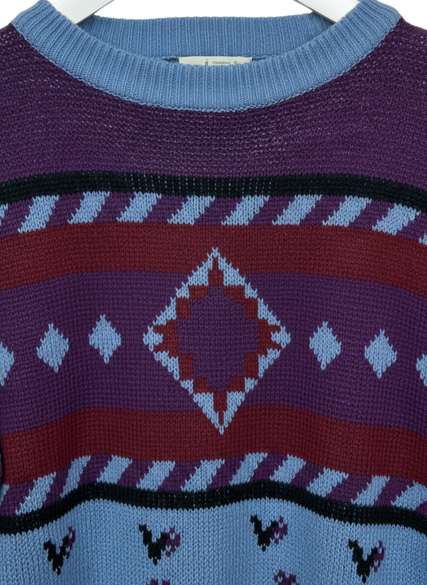 Château Unisex 80s Purple Geometric Knit Crewneck Acrylic Sweater Medium