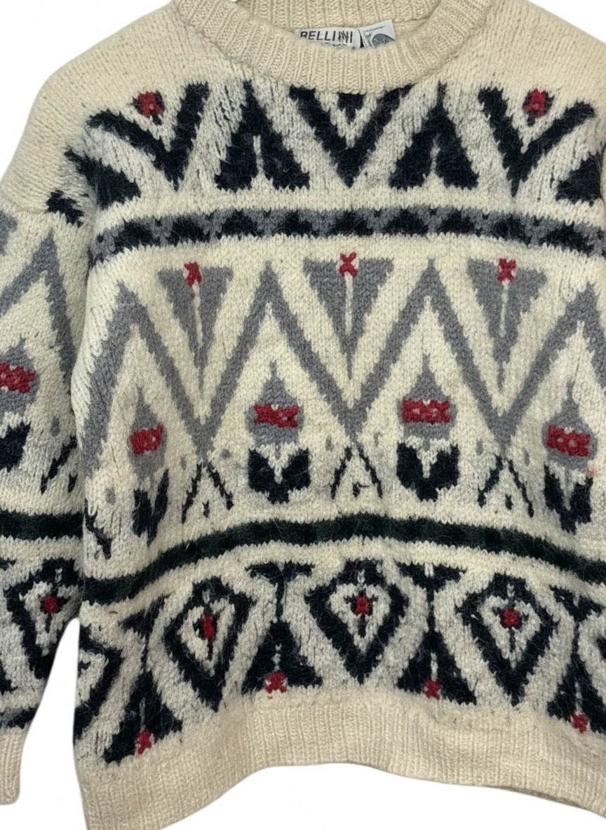 Vintage Bellini Australia Womens Cream Geometric Pattern Wool Crewneck Sweater M