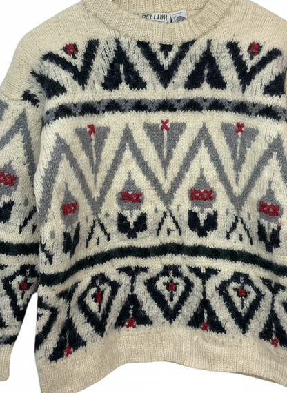Vintage Bellini Australia Womens Cream Geometric Pattern Wool Crewneck Sweater M