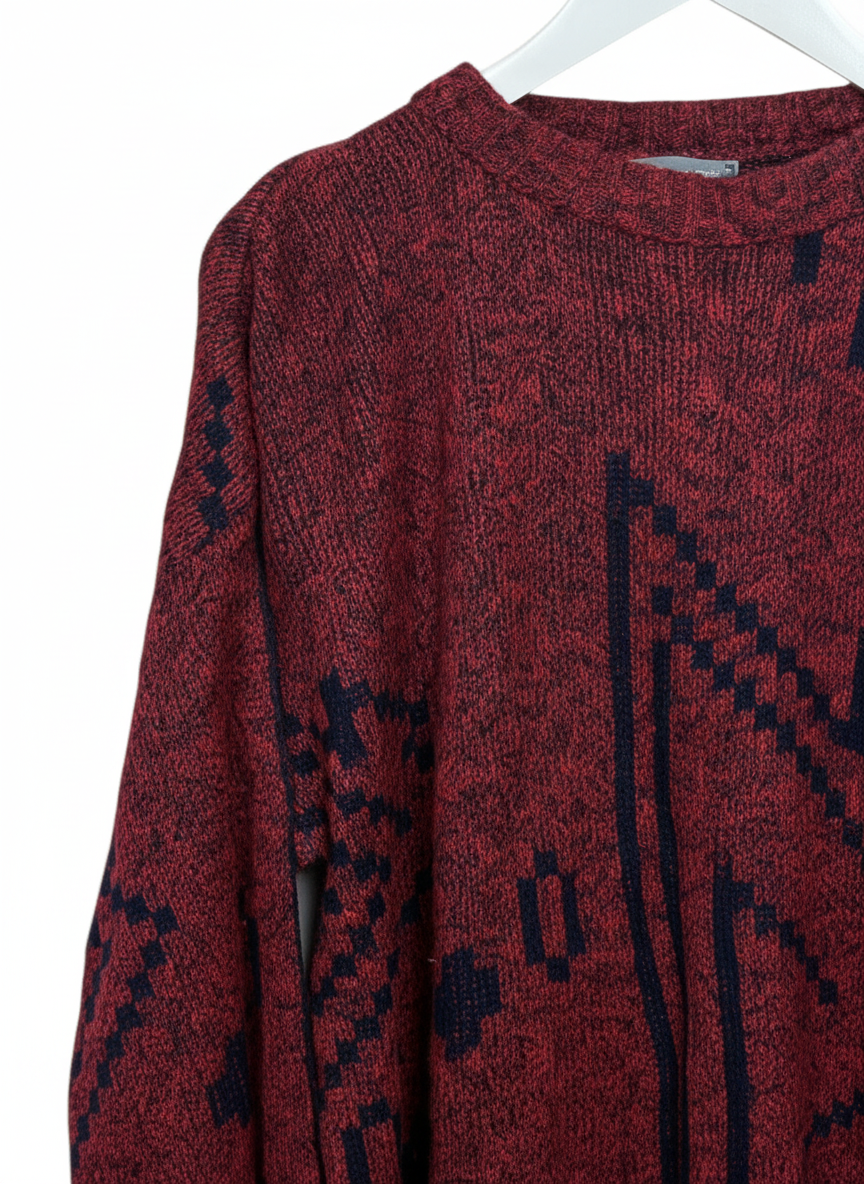 Vintage 80s Le TIGRÉ Unisex Red Geometric Knit Crewneck Sweater Size L