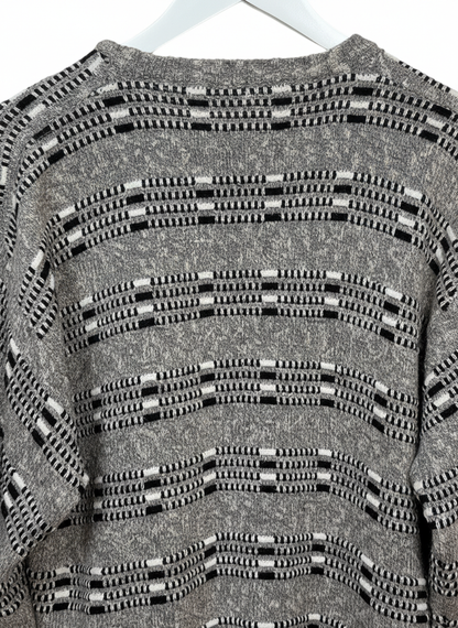 Jed 90s Unisex Geometric Pattern Knit Crewneck Sweater Grey Black Size M