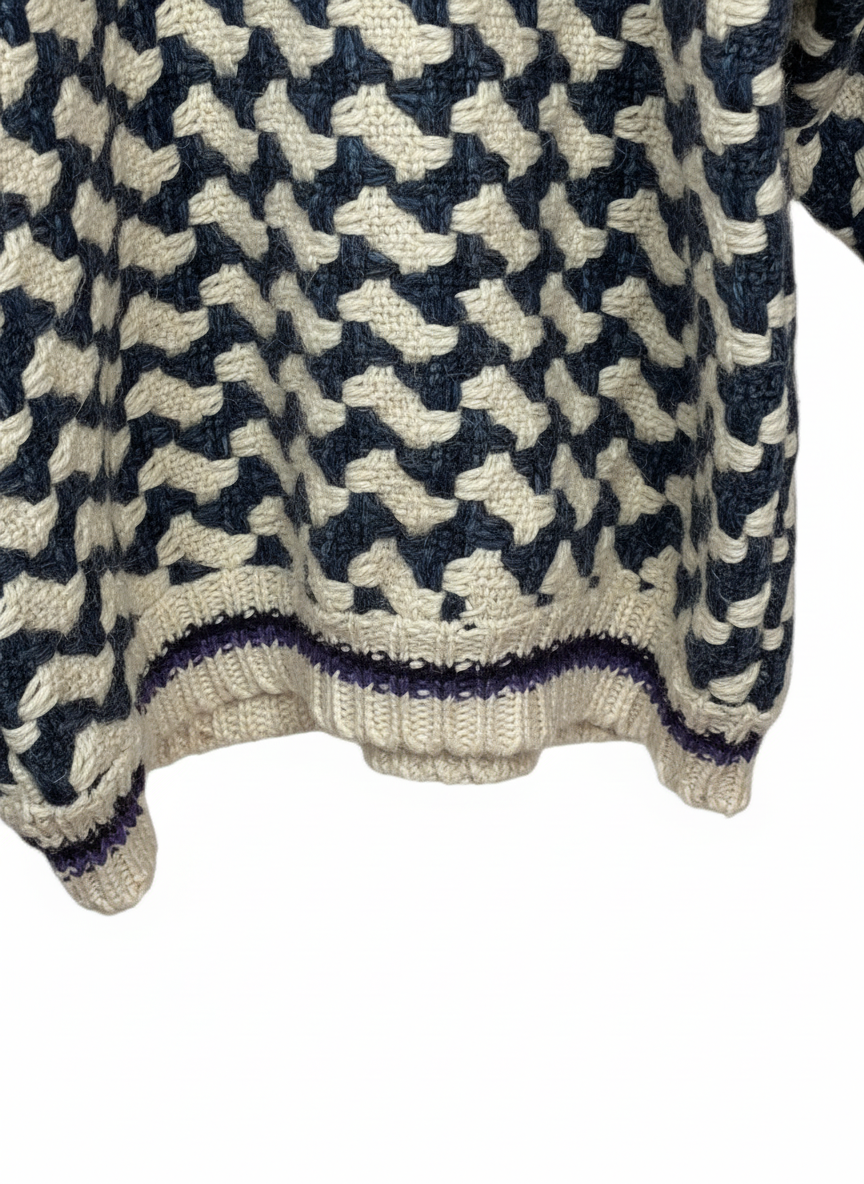 La Paz 90s Mens Purple Geometric Pattern Wool Knit Sweater Cream L